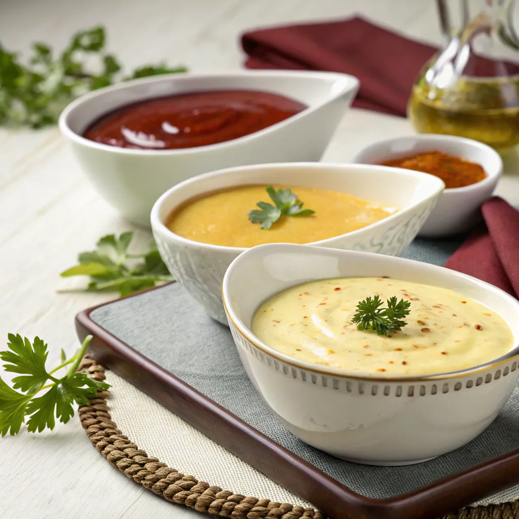 A selection of classic French sauces in elegant bowls