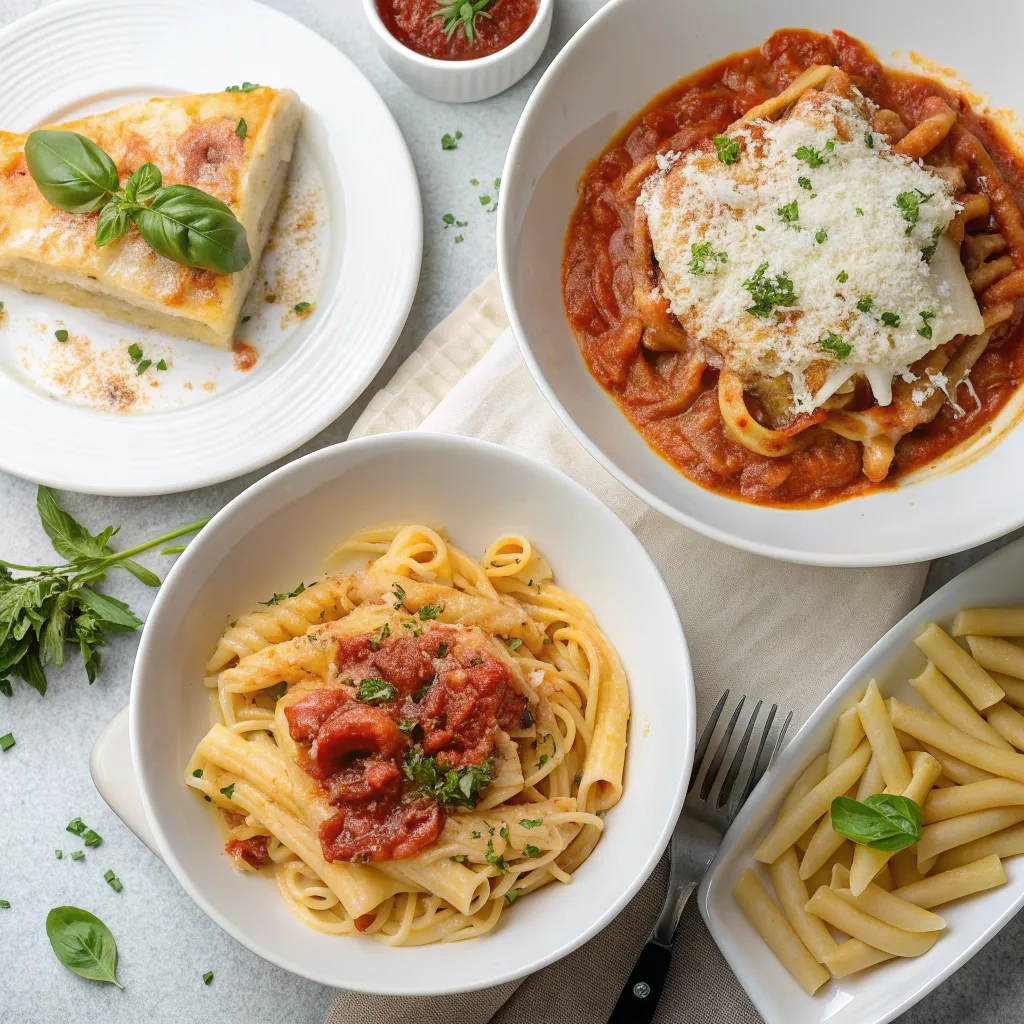 Various Italian sauces paired with classic pasta dishes