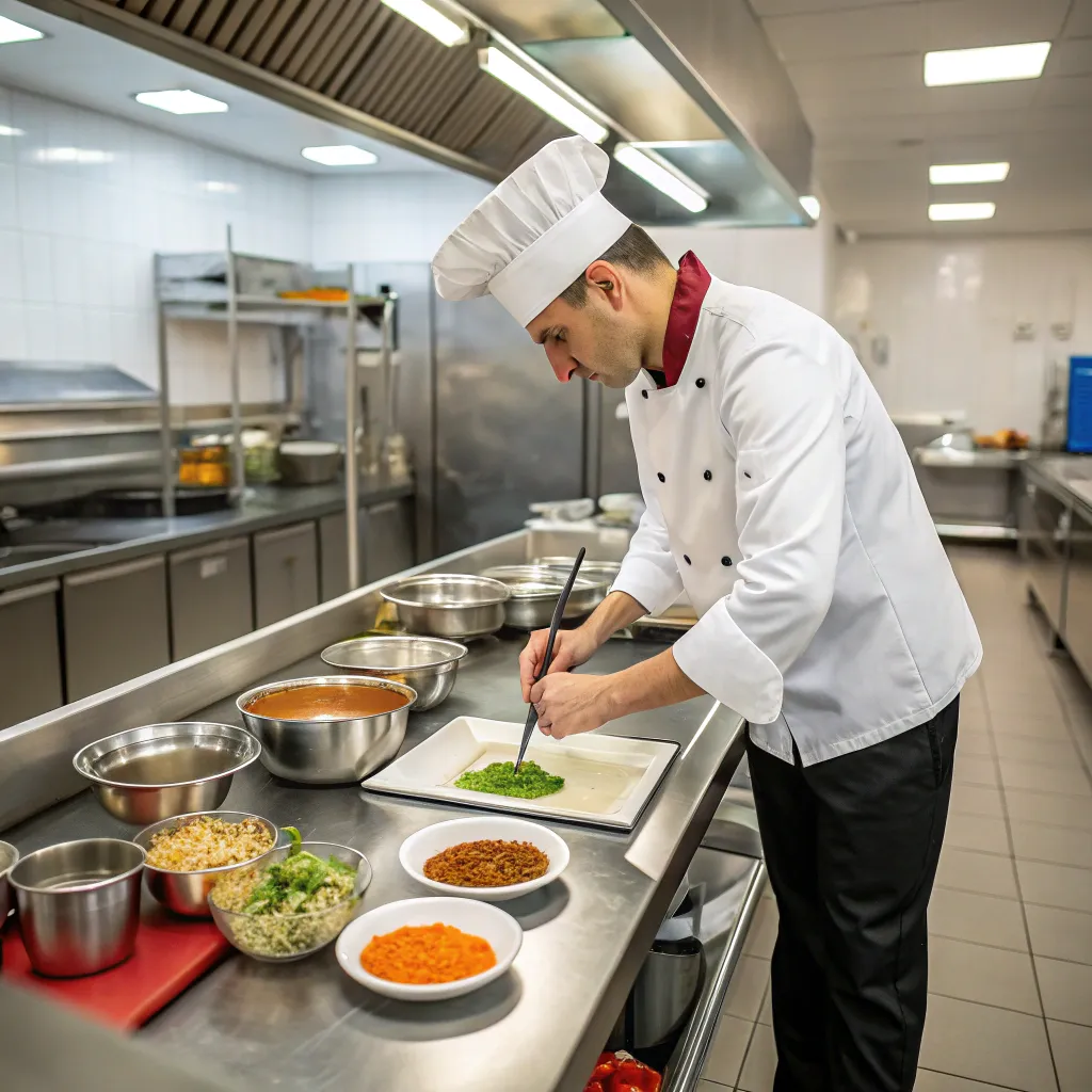 Chef preparing sauce in a professional kitchen